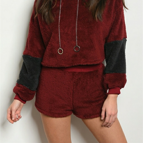 HELLO MISS PLUSH BURGUNDY HOODIE SWEATER & SHORTS SETS - Picture 6 of 11